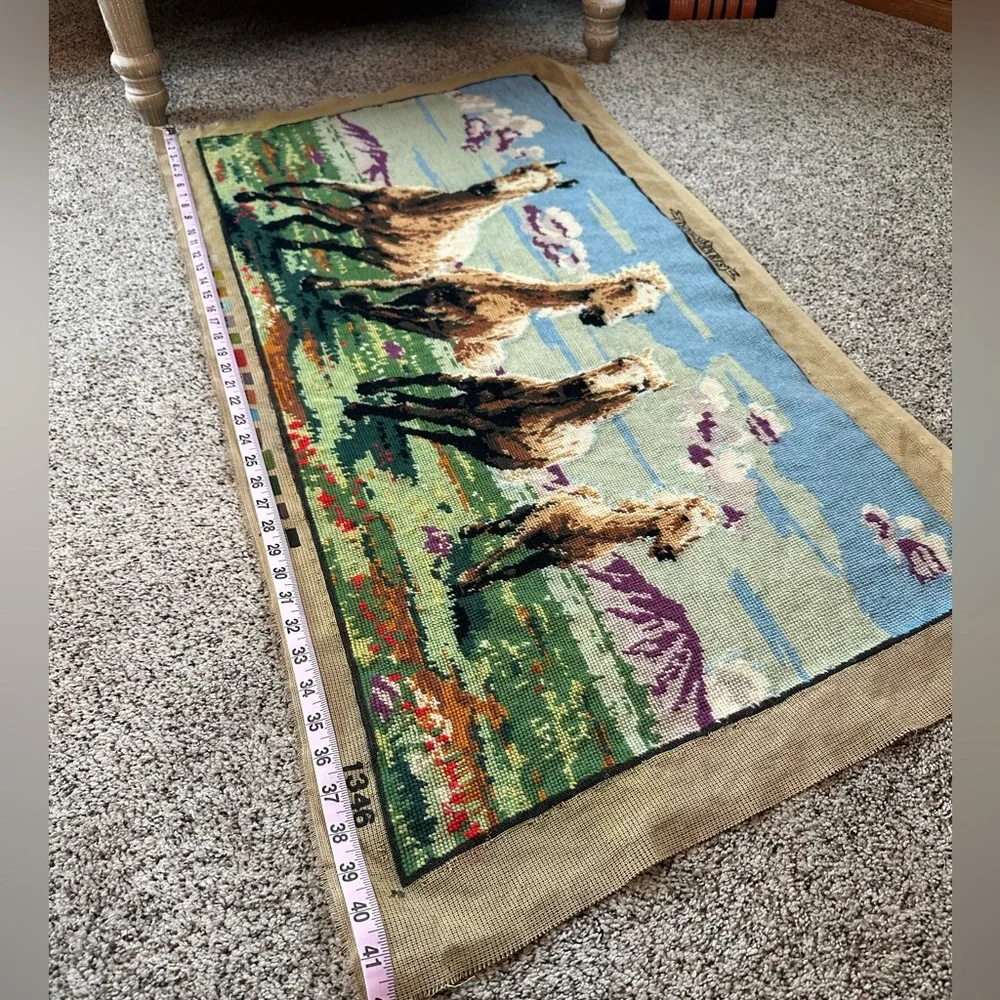 Vintage running wild horses large needlepoint tapestry 18” x 38”